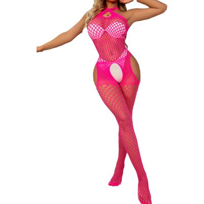 Linjinx Women''s 3/4 Sleeve Fishnet Cutout Bodystocking Bodysuit Sexy Tights Nightwear Lingerie Halter Hot Pink One Size