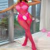 Linjinx Women''s 3/4 Sleeve Fishnet Cutout Bodystocking Bodysuit Sexy Tights Nightwear Lingerie Halter Hot Pink One Size view 3
