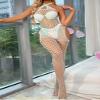 Linjinx Women''s 3/4 Sleeve Fishnet Cutout Bodystocking Bodysuit Sexy Tights Nightwear Lingerie Halter Light Blue One Size view 4