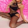 Linjinx Women''s 3/4 Sleeve Fishnet Cutout Bodystocking Bodysuit Sexy Tights Nightwear Lingerie Halter Black One Size view 2