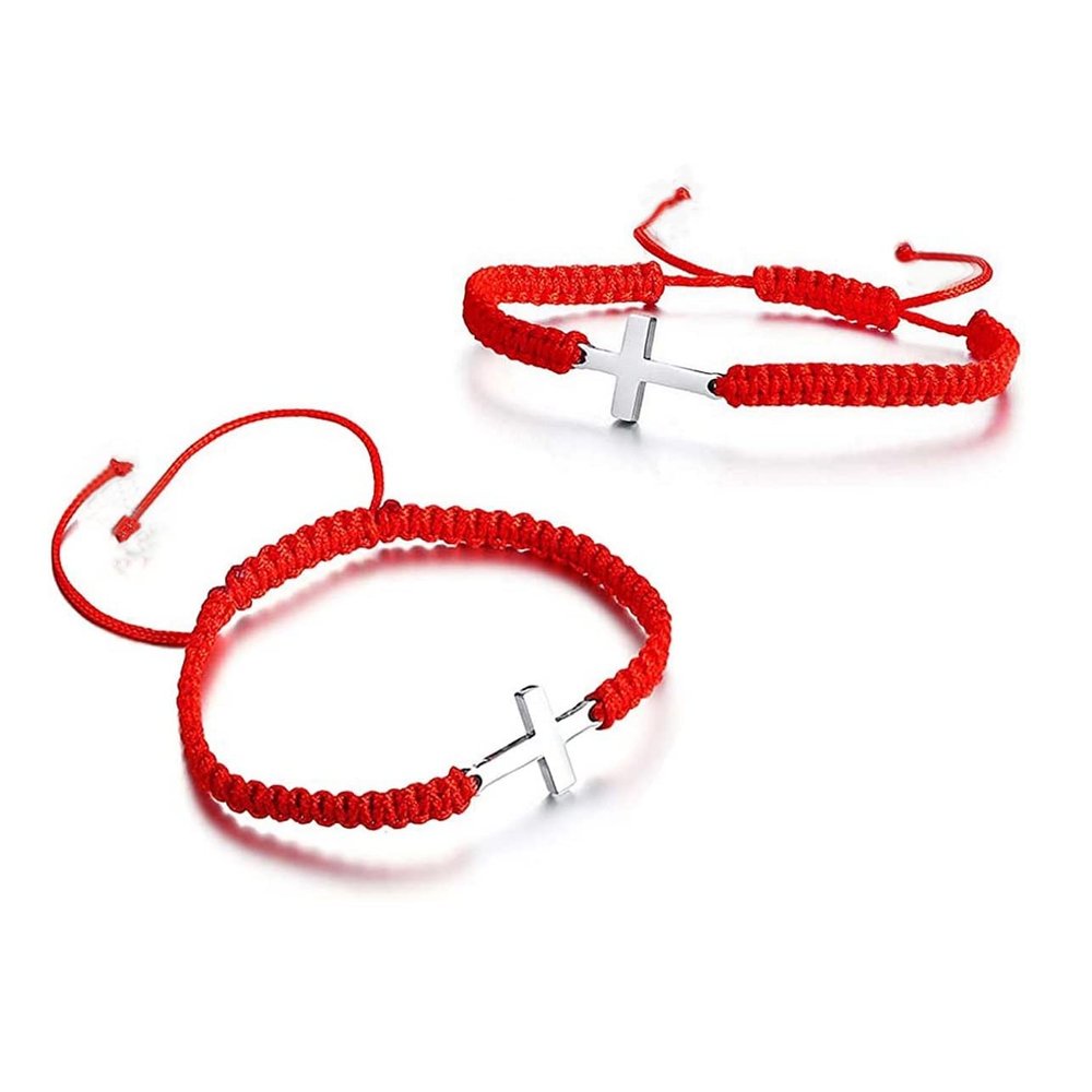 2 Pieces Friendship Cross Bracelet Black String Rope Braided Bracelet Stainless Steel Handmade Lucky Matching Couple Strand Bracelets Kabbalah Protection Cross Religion Jewelry-red B