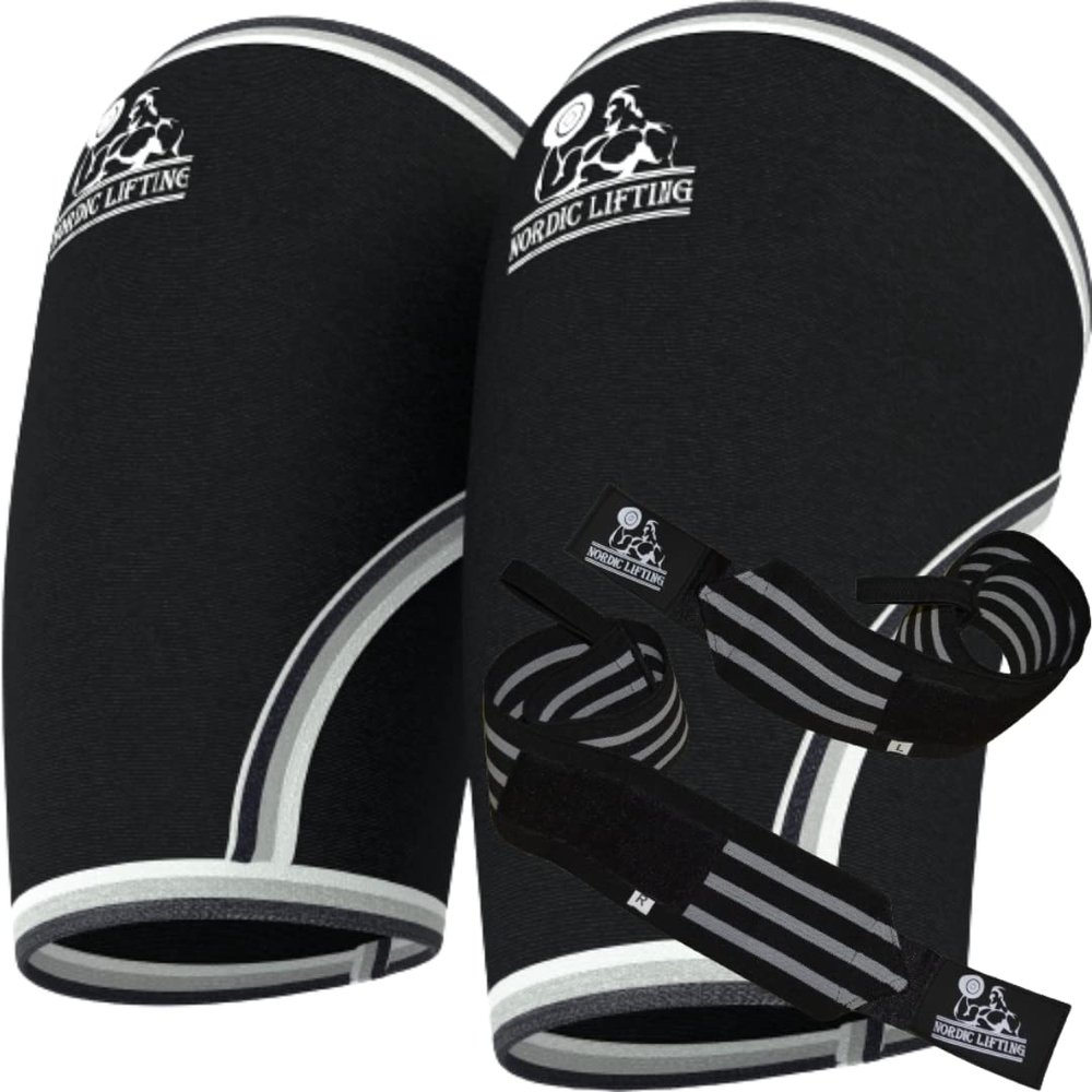 Nordic Lifting Elbow Sleeves XLarge Bundle with Super Heavy Duty Wrist Wraps - Black Grey