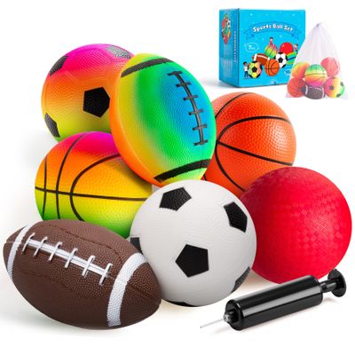 EVERICH TOY Balls for Toddlers 1-3, 7 Pcs 5" Playground Balls for Kids, Soft Rubber Small Sports Ball Set with Football, Basketball, Soccer, Indoor Outdoor Toddler Toys Games Gifts for Boys Girls