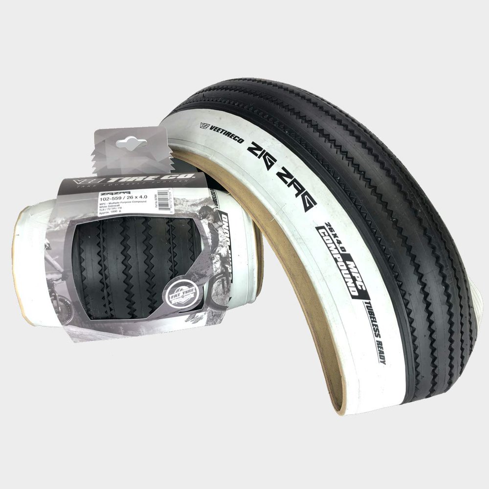 2 Vee Tire Zig Zag 26x4.0 White Wall Bike Tire with Folding Beads and Multi Compound. 26x4 Fat Bike Tire, Tubeless Ready.
