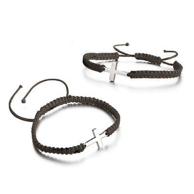 2 Pieces Friendship Cross Bracelet Black String Rope Braided Bracelet Stainless Steel Handmade Lucky Matching Couple Strand Bracelets Kabbalah Protection Cross Religion Jewelry-black B