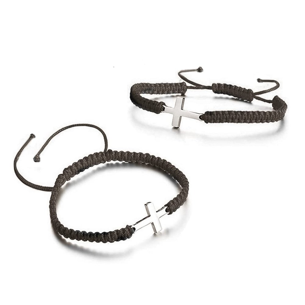 2 Pieces Friendship Cross Bracelet Black String Rope Braided Bracelet Stainless Steel Handmade Lucky Matching Couple Strand Bracelets Kabbalah Protection Cross Religion Jewelry-black B