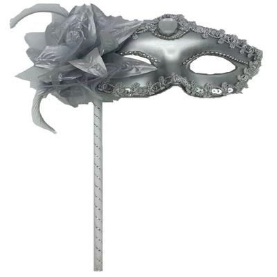 AZYOUNG Women's Gold Silver Plated Masquerade Half Face Mask with Side Feather Flower on Stick (Silver)