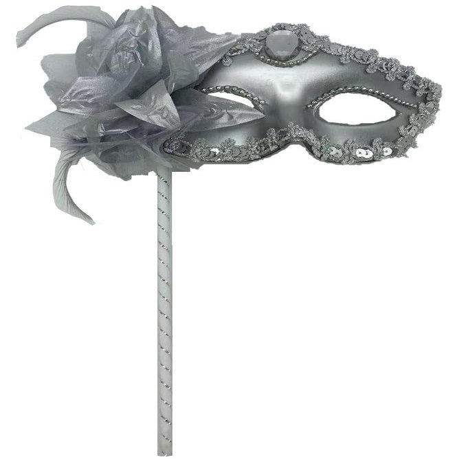 AZYOUNG Women's Gold Silver Plated Masquerade Half Face Mask with Side Feather Flower on Stick (Silver)