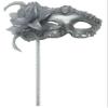 AZYOUNG Women's Gold Silver Plated Masquerade Half Face Mask with Side Feather Flower on Stick (Silver) view 1