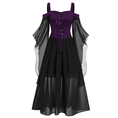 Medieval Costume Women Butterfly Sleeve Maxi Dress Cold Shoulder Steampunk Corset Dress Gothic Clothes