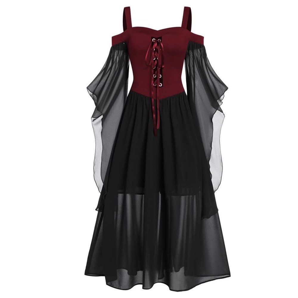 Medieval Costume Women Butterfly Sleeve Maxi Dress Cold Shoulder Steampunk Corset Dress Gothic Clothes