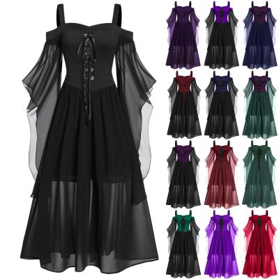 Medieval Costume Women Butterfly Sleeve Maxi Dress Cold Shoulder Steampunk Corset Dress Gothic Clothes