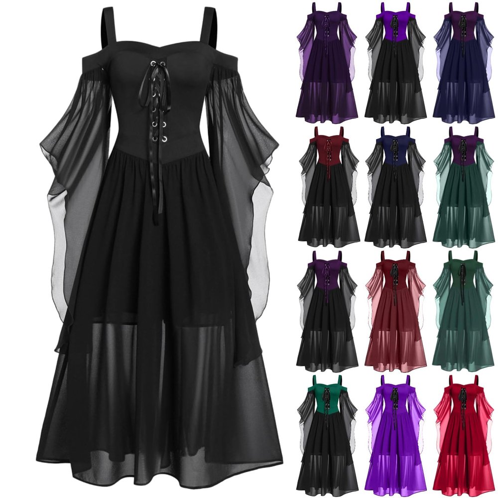 Medieval Costume Women Butterfly Sleeve Maxi Dress Cold Shoulder Steampunk Corset Dress Gothic Clothes