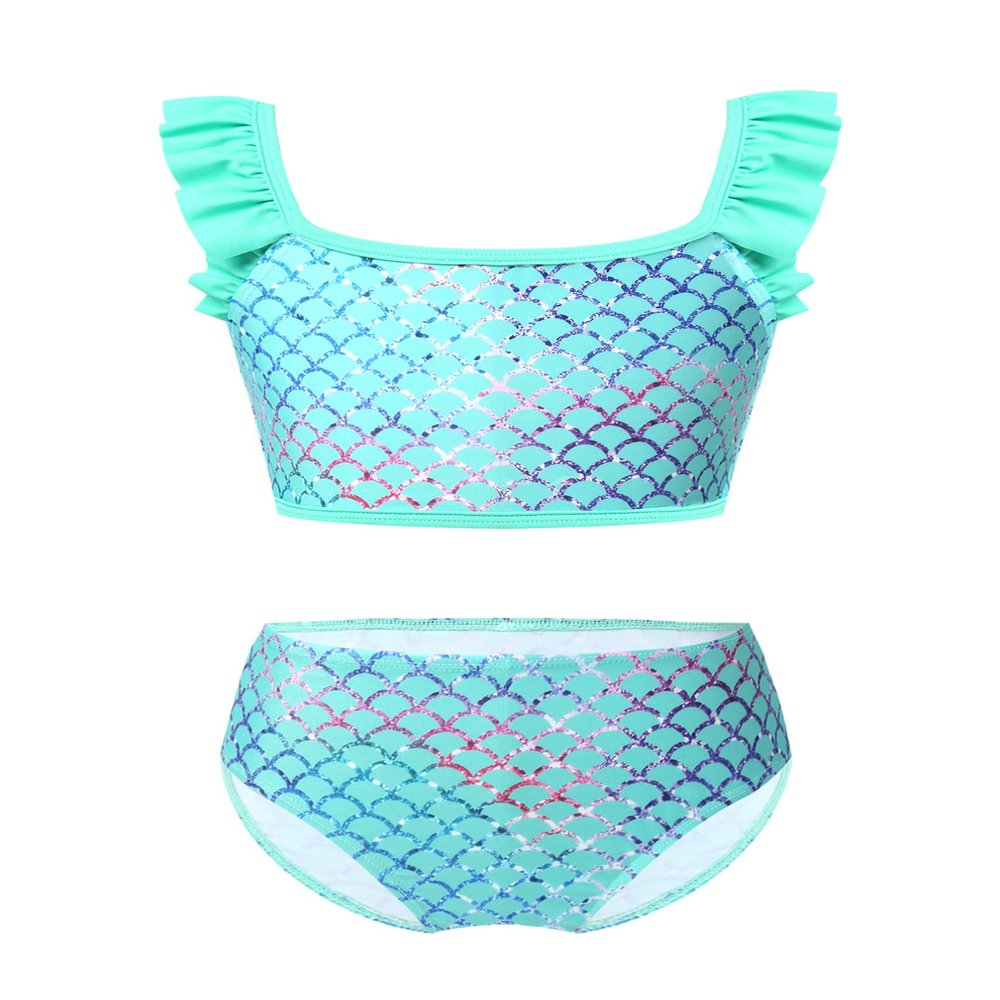 HULIJA Kids Girls Summer Two Piece Bikini Ruffles Sleeve Swimsuit Mermaid Scales Print Bathing Suit Green 4 Years