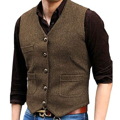 Men's Black Brown Gray Green Red Coffee Navy Suit Vest Herringbone Tweed Vintage Groomsmen Waistcoat for Tuxedo Blazer (Color : Brown, Size : Medium)