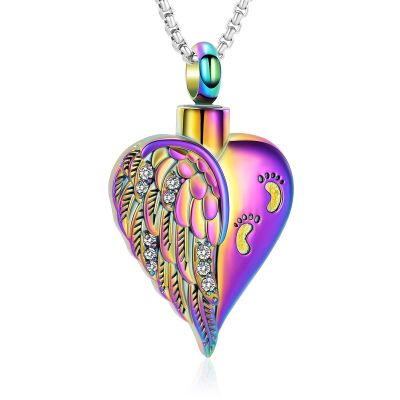Oinsi Loved Ones footprint In My Heart Stainless Steel Cremation Jewelry Urn Necklace For Ashes Angel Wing Memorial With Clear Zircon (Rainbow)