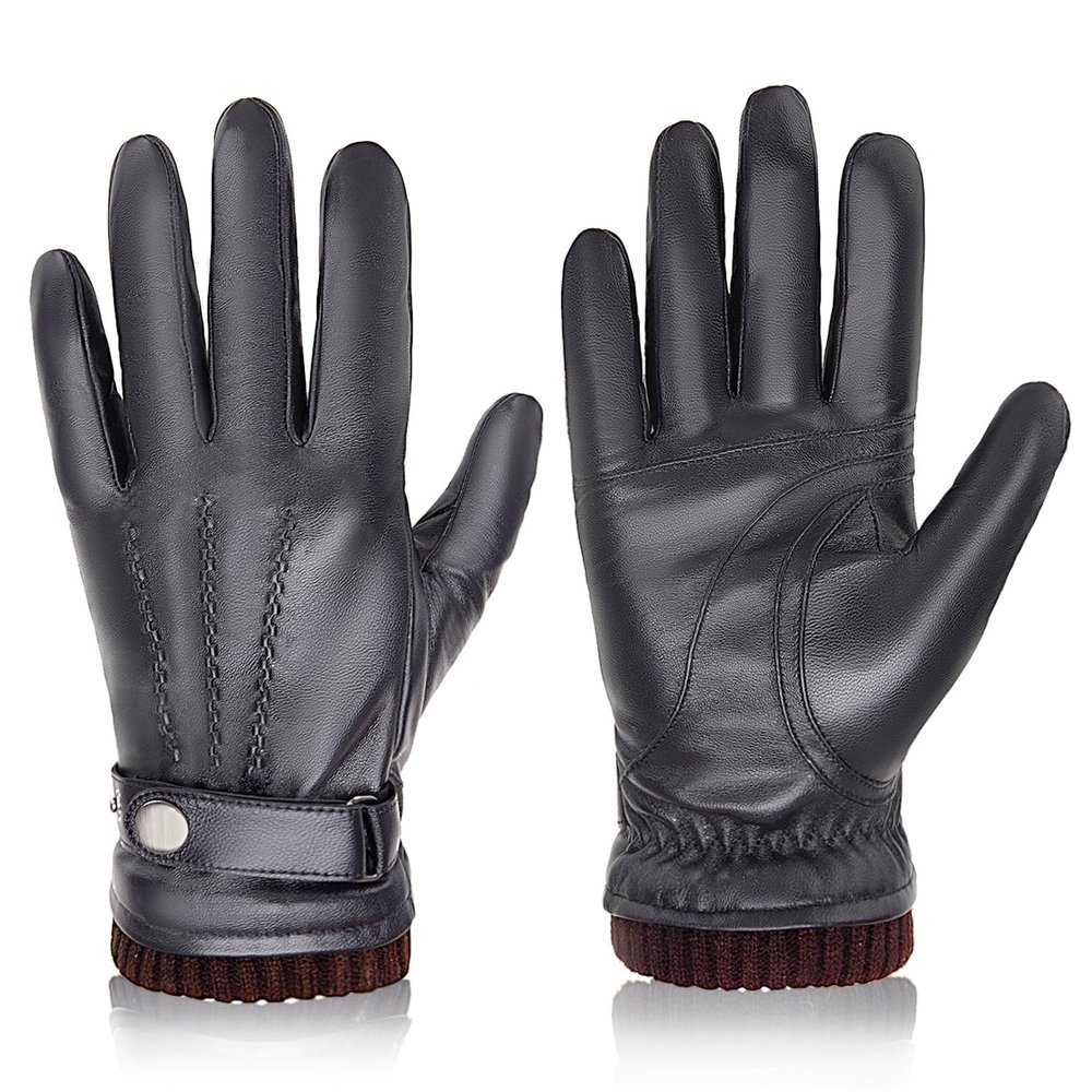 BISON DENIM Winter Sheepskin Leather Gloves for Men, Warm Cashmere Lined Touchscreen Texting Gloves for Driving (Brown,Medium)