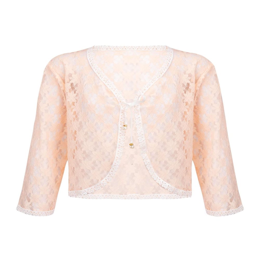 Jizyo Kids Big Girls Long Sleeve Lace-up Sheer Cardigan Summer Lace Hollow Floral Shrug Cardigan Casual Dress Cover Up Light Pink Lotus 6-8 Years