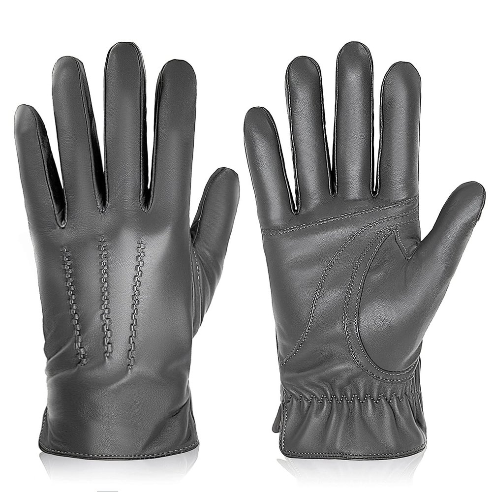 BISON DENIM Winter Genuine Sheepskin Leather Gloves for Men, Touchscreen Texting Warm Cashmere Lined Gloves for Driving (Grey,XX-Large)