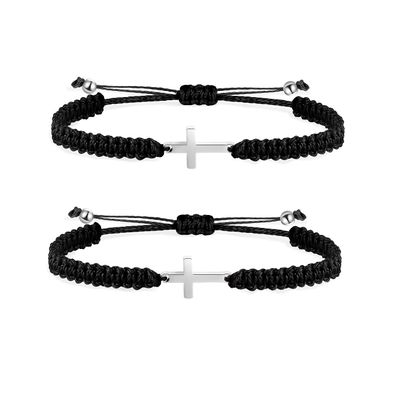 2 Pieces Friendship Cross Bracelet Black String Rope Braided Bracelet Stainless Steel Handmade Lucky Matching Couple Strand Bracelets Kabbalah Protection Cross Religion Jewelry-black A