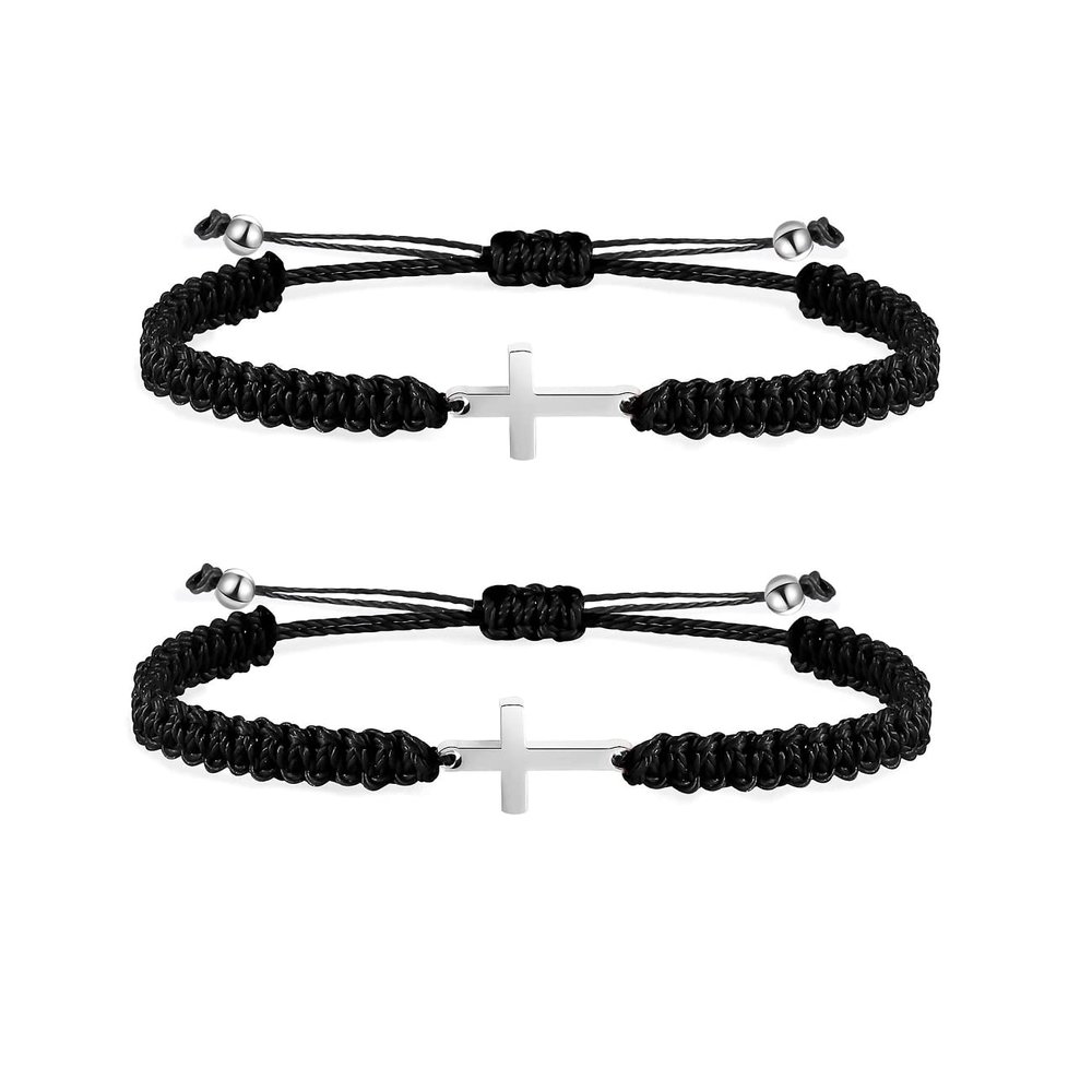 2 Pieces Friendship Cross Bracelet Black String Rope Braided Bracelet Stainless Steel Handmade Lucky Matching Couple Strand Bracelets Kabbalah Protection Cross Religion Jewelry-black A