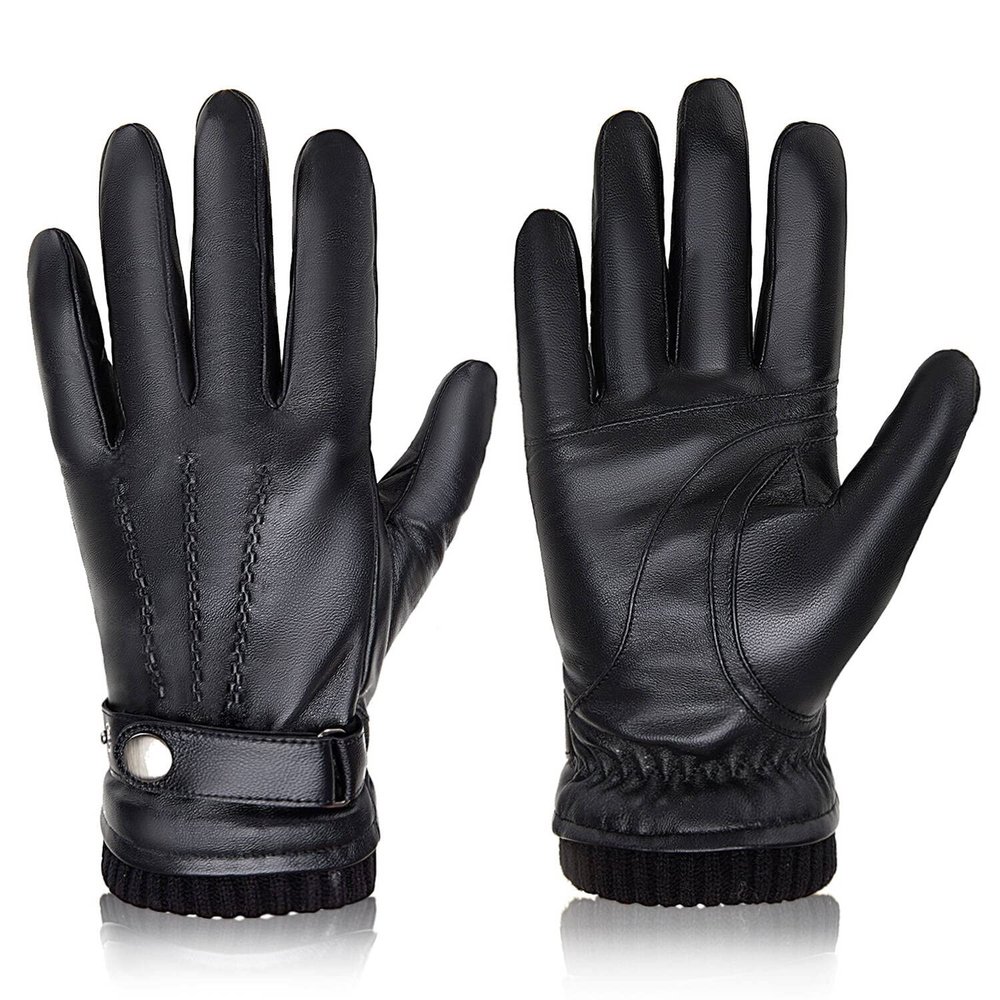 BISON DENIM Winter Sheepskin Leather Gloves for Men, Warm Cashmere Lined Touchscreen Texting Gloves for Driving (Black,Large)