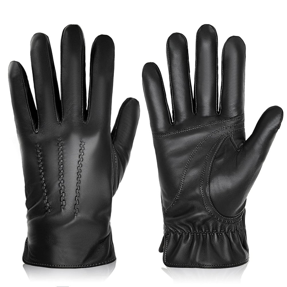 BISON DENIM Winter Genuine Sheepskin Leather Gloves for Men, Touchscreen Texting Warm Cashmere Lined Gloves for Driving (Black,Small)
