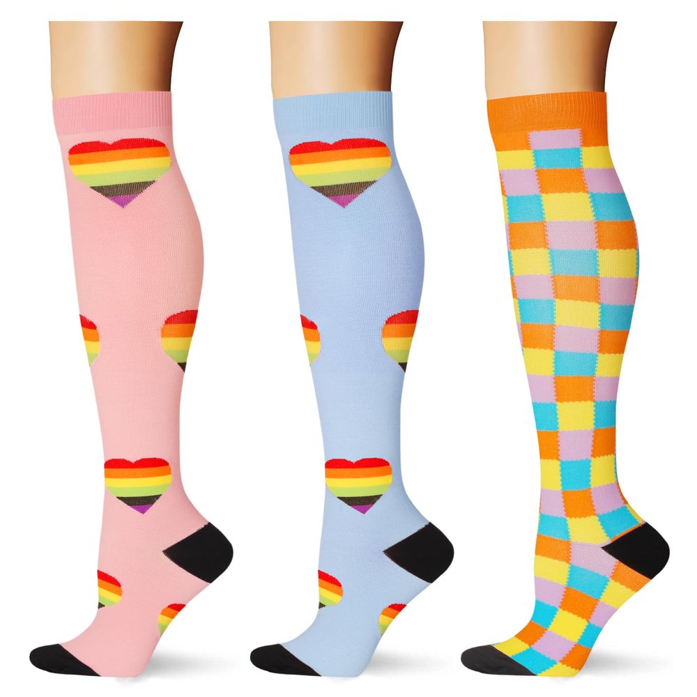 Saniripple (3 pairs) Compression Socks 20-30 mmHg Long Knee High Socks for Women and Men Light Colorful S/M