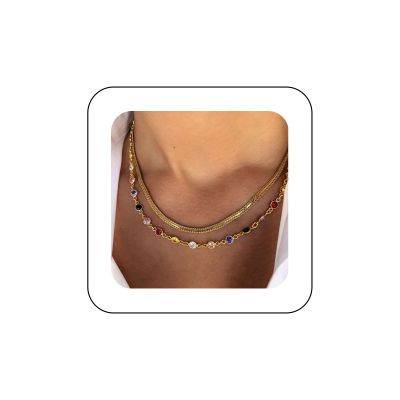 Andelaisi Boho Colorful Rhinestone Necklace Choker Layered Rainbow Crystal Necklace Chain Multi Color Necklaces Gold Snake Chain Necklace Jewelry for Women