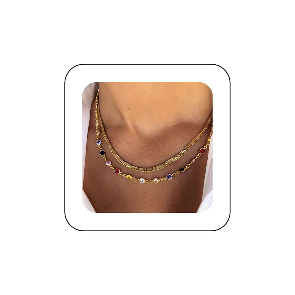 Andelaisi Boho Colorful Rhinestone Necklace Choker Layered Rainbow Crystal Necklace Chain Multi Color Necklaces Gold Snake Chain Necklace Jewelry for Women
