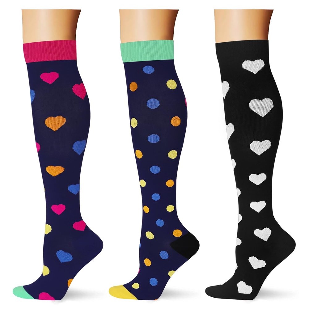 Saniripple (3 pairs) Compression Socks 20-30 mmHg Long Knee High Socks for Women and Men Black Colorful L/XL