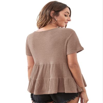 BENIN Women's Summer Short Sleeve T-Shirt Ruffle Hem Waffle Knit Top