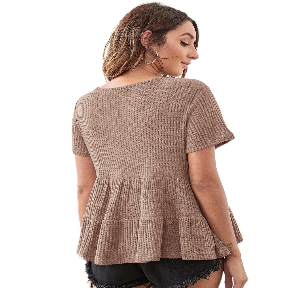 BENIN Women's Summer Short Sleeve T-Shirt Ruffle Hem Waffle Knit Top