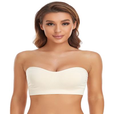 Lusait Strapless Bra for Women Non-Slip Silicone Padded Bandeau Bra Wireless Tube Top Bralette Beige XL