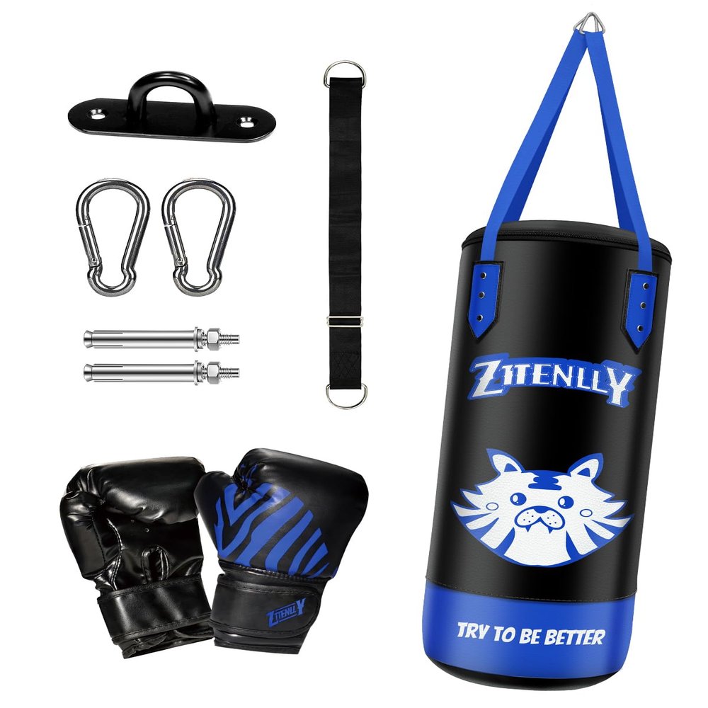 ZTTENLLY Kids Punching Bag with Gloves - PU Leather & Adjustable Height Strap - Boxing Bag Set for 3-8 Years Kids Great for Boxing, MMA, Kickboxing Unfilled