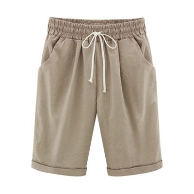 LMSXCT High Waisted Cotton Linen Bermuda Shorts for Women Casual Loose Pockets Elastic Waist Drawstring Comfy Beach Shorts Khaki