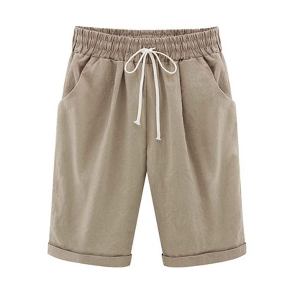 LMSXCT High Waisted Cotton Linen Bermuda Shorts for Women Casual Loose Pockets Elastic Waist Drawstring Comfy Beach Shorts Khaki