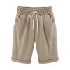 LMSXCT High Waisted Cotton Linen Bermuda Shorts for Women Casual Loose Pockets Elastic Waist Drawstring Comfy Beach Shorts Khaki view 1