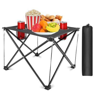 Folding Camping Side Table,Portable Camping Table W/2 Cup Holders&Carrying Bag,600D Waterproof Oxford Fabric,Outdoor Folable Beach Table for Outside,Camping, Picnic,Beach, Fishing and Hiking - US Spot