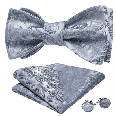 Barry.Wang Self Tie Bow Ties for Men Silver Bow Tie and Pocket Square Cufflinks Set Paisley Flower Bowtie Wedding Tuxedo