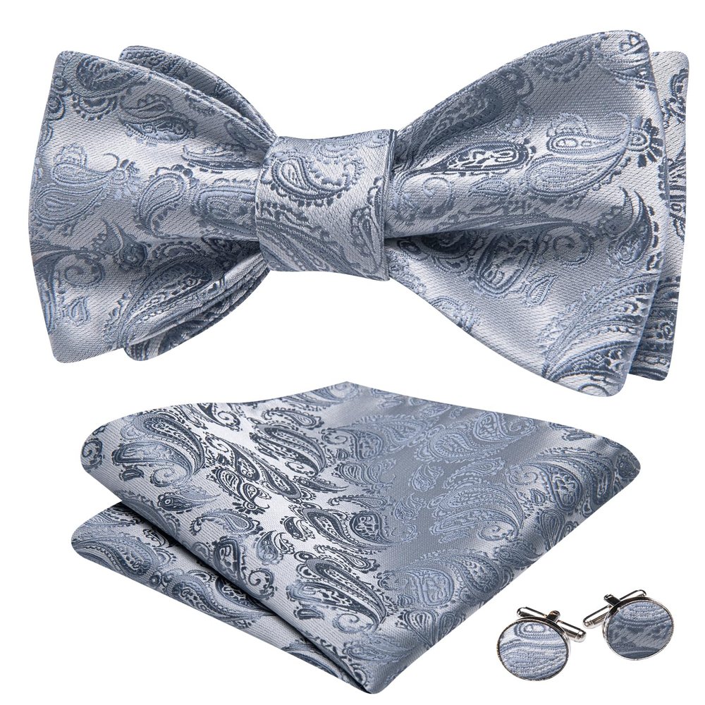 Barry.Wang Self Tie Bow Ties for Men Silver Bow Tie and Pocket Square Cufflinks Set Paisley Flower Bowtie Wedding Tuxedo