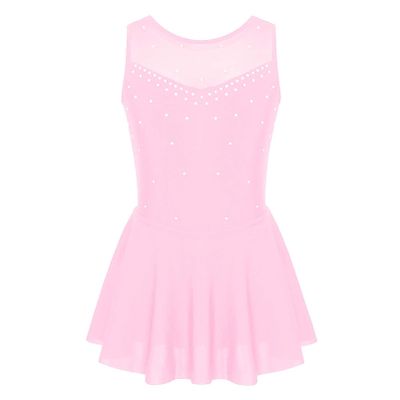 JEEYJOO Kids Girls Figure Ice Skating Dress Halter Neck Rhinestone Tutu Skirted Ballet Dance Leotard Dancewear Z1 Sleeveless Pink 14