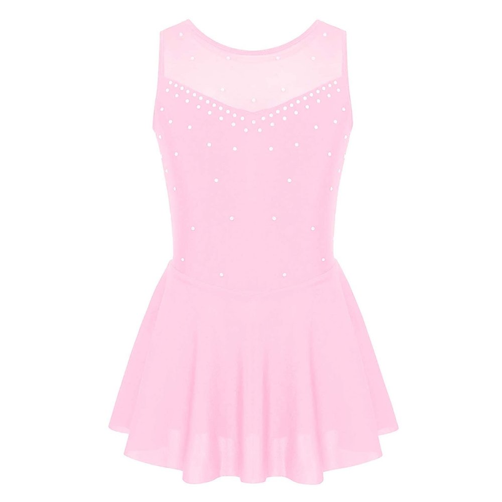 JEEYJOO Kids Girls Figure Ice Skating Dress Halter Neck Rhinestone Tutu Skirted Ballet Dance Leotard Dancewear Z1 Sleeveless Pink 14