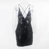 Women's Sexy Sequin Glitter Sparkle Deep V Neck Halter Backless Bodycon Mini Dress Evening Party Cocktail Ruched Wrap Dresses Black view 2