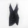 Women's Sexy Sequin Glitter Sparkle Deep V Neck Halter Backless Bodycon Mini Dress Evening Party Cocktail Ruched Wrap Dresses Black view 3