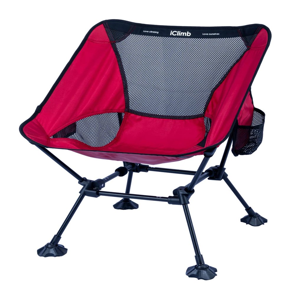 iClimb Ultralight Compact Camping Folding Beach Chair with Anti-Sinking Large Feet and Back Support Webbing (Red - Square Frame - 2PC)