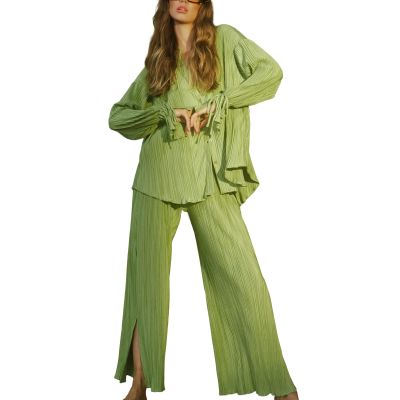 KMBANGI Women Matching Set 2Piece Casual Long Sleeve V Neck Button Down Blouses Top Pleated Lounge Shorts Pants 90s Streetwear(Flare Green,S)