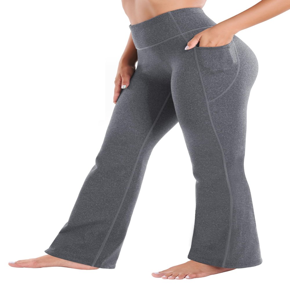 Heathyoga Charcoal Fleece Lined Yoga Pants, Women's Breathable Warm Tech Fleece Bootcut with Pockets, High-Rise, Size L