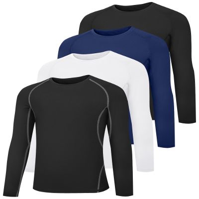 HOPLYNN Youth Boys Compression Shirts, Long Sleeve Quick Dry Cold Weather Gear Undershirts for Kids Athletic Sports Football Basketball-2 Black 1 Blue 1 White-L
