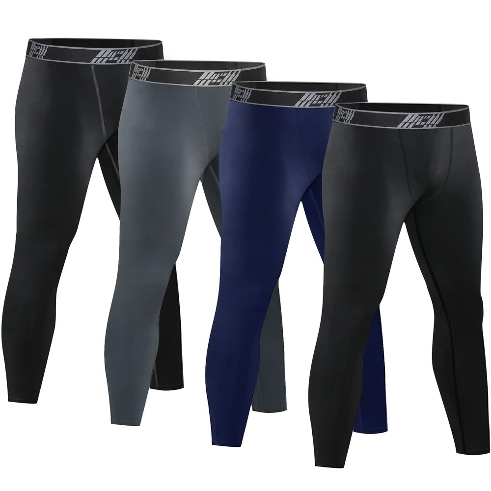HOPLYNN 4 Pack Youth Boys Compression Pants Leggings Tights Quick Dry Athletic Base Layer Under Pants Gear for Kids Football Basketball Sports -2 Black 1 Blue 1 Grey-S